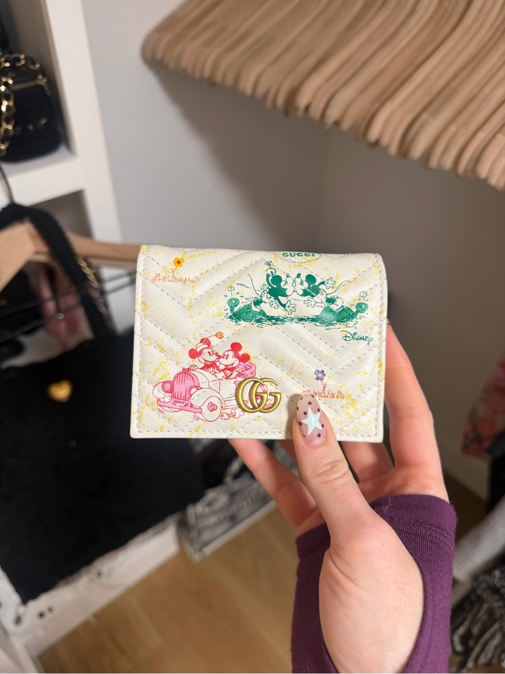 Gucci White Quilted Mini Wallet with Pink and Green Disney Prints